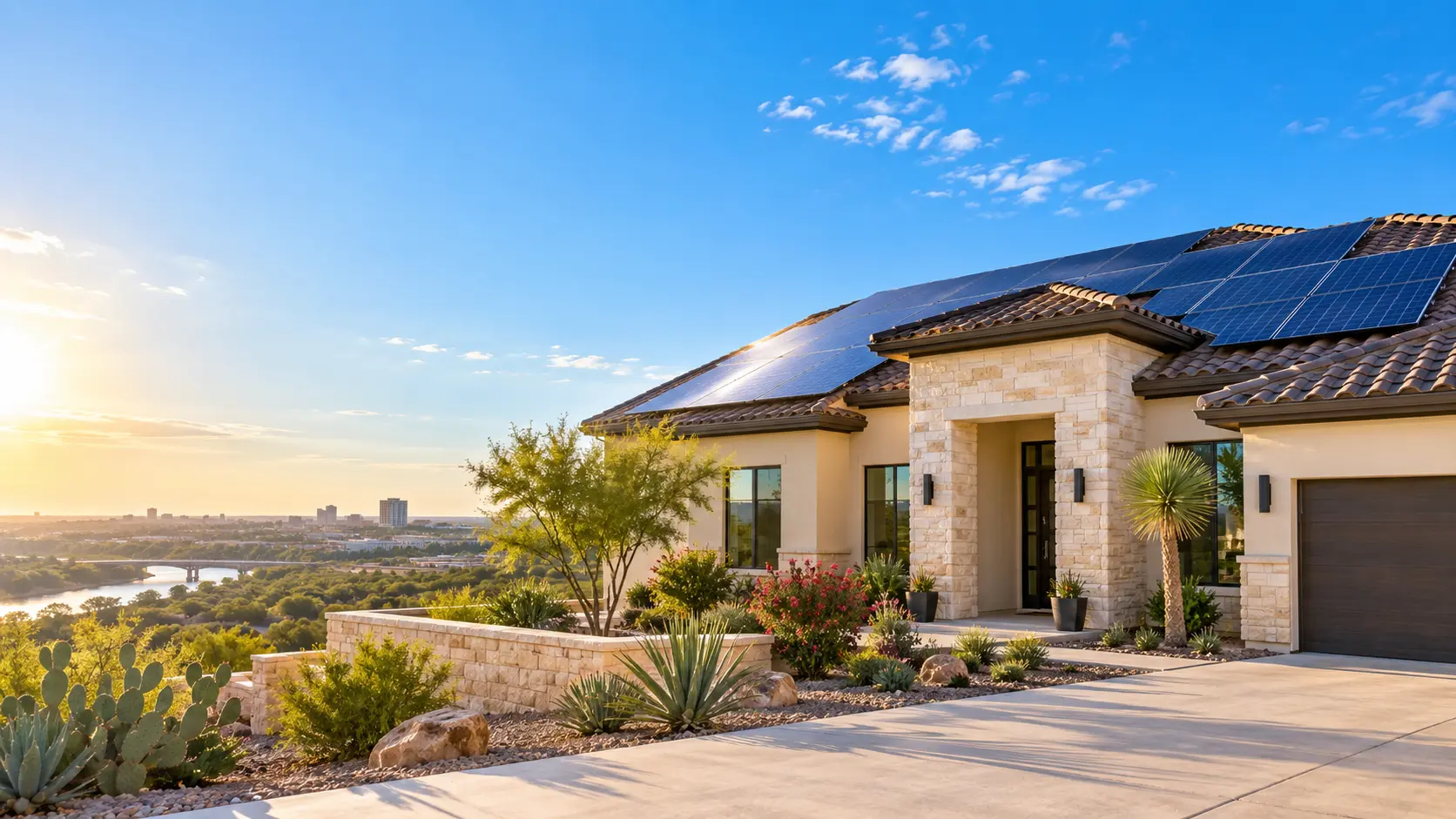 Home in Laredo, Texas with rooftop solar panels at sunrise